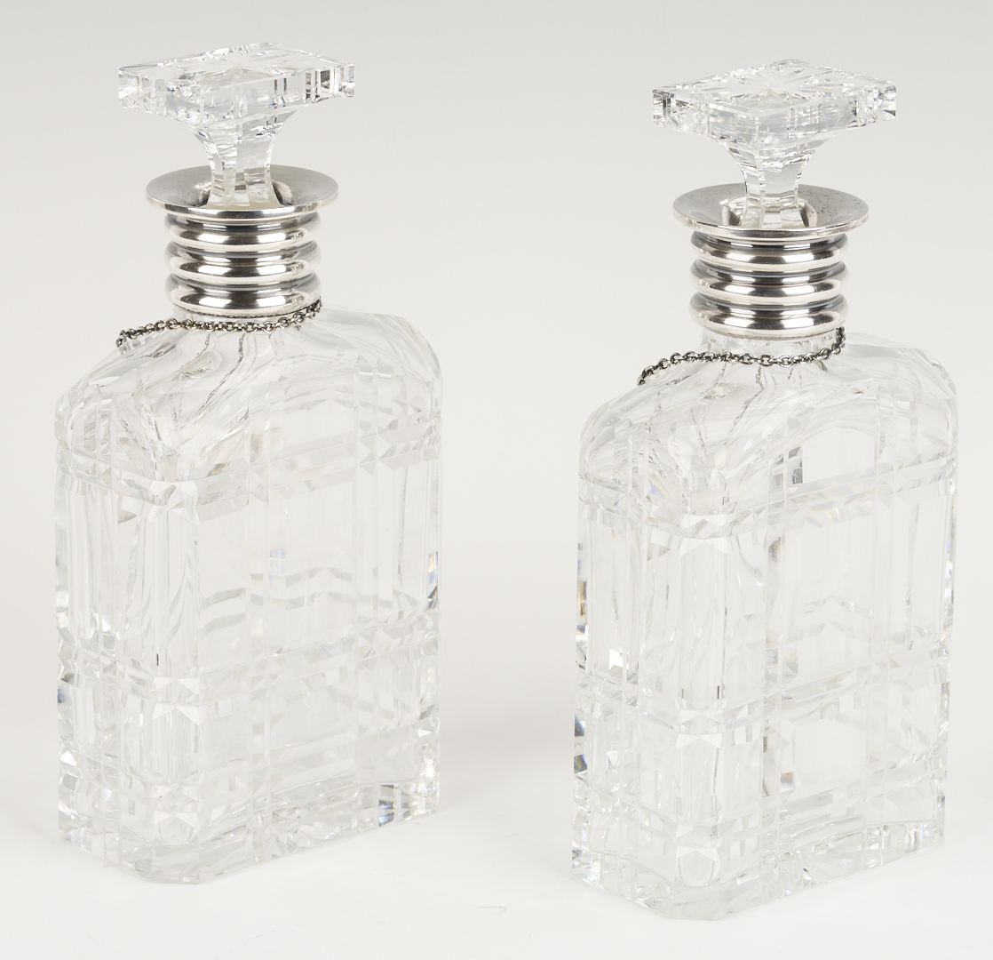 Lot 1308: 9 Bar Items: Wine Coaster Wagon, 6 Goblets, 2 Decanters