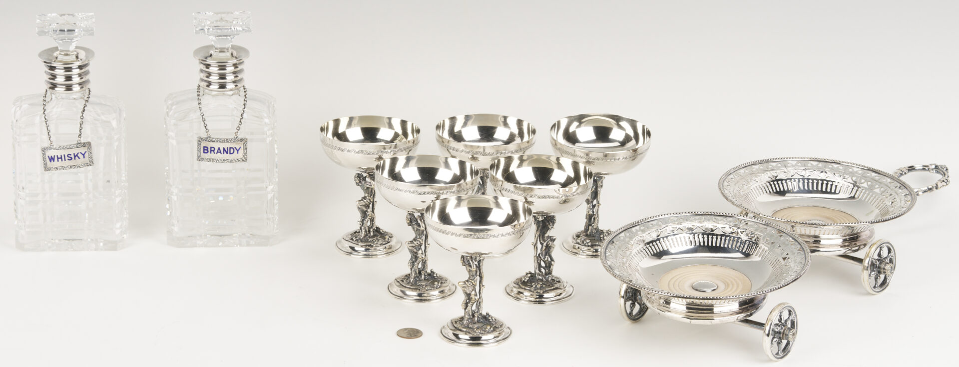 Lot 1308: 9 Bar Items: Wine Coaster Wagon, 6 Goblets, 2 Decanters