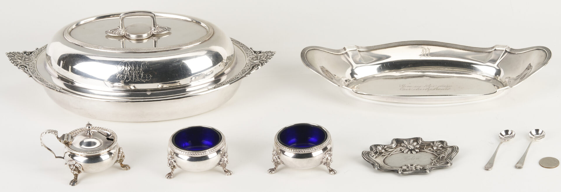 Lot 1309: 6 Silver items incl. Tiffany Silverplated Entree Dish