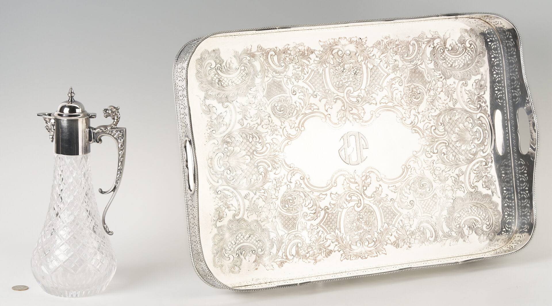 Lot 1310: Sterling and Crystal Ewer plus S/P Gallery Tray