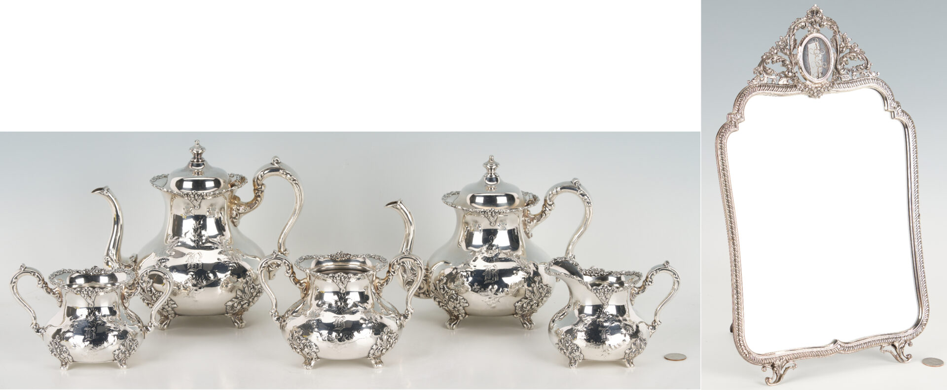 Lot 1313: 5 Piece Pairpoint Silverplated Tea Service Plus Alpadur Silverplate Mirror
