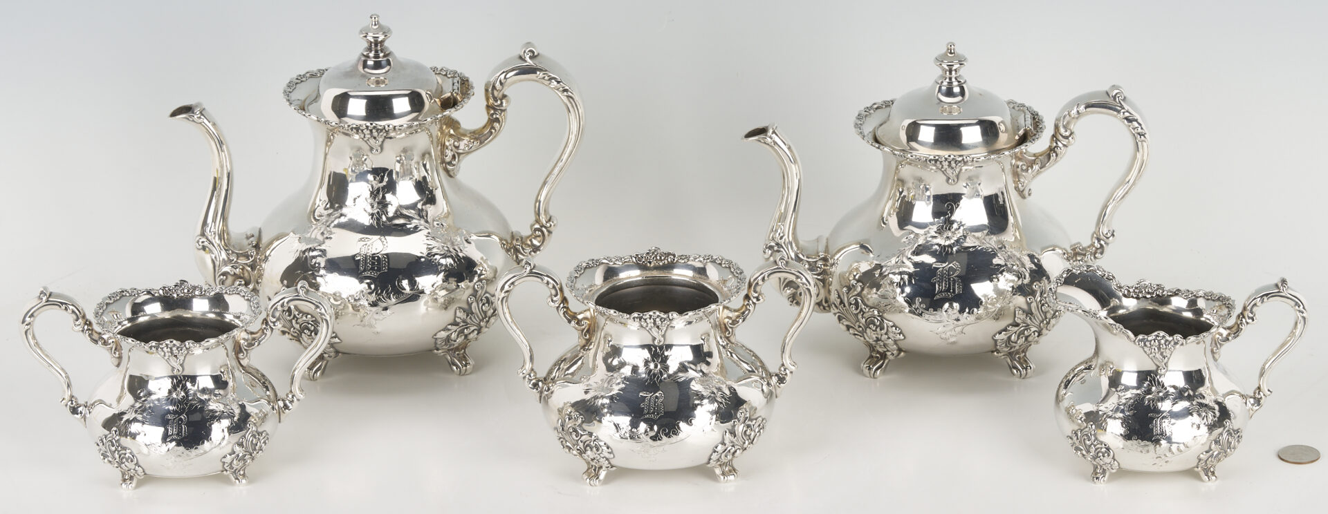 Lot 1313: 5 Piece Pairpoint Silverplated Tea Service Plus Alpadur Silverplate Mirror