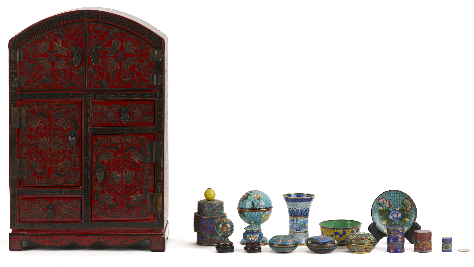 Lot 13: Miniature Chinese Cloisonne Items w/ Lacquer Cabinet