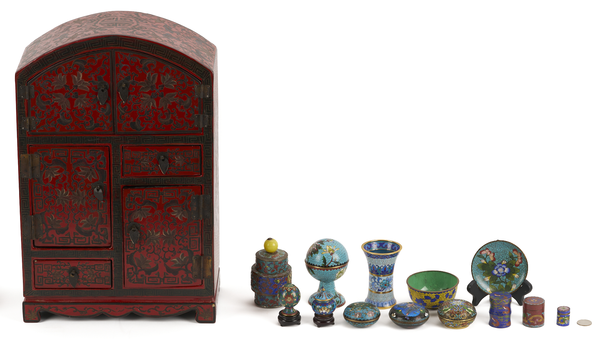 Lot 13: Miniature Chinese Cloisonne Items w/ Lacquer Cabinet