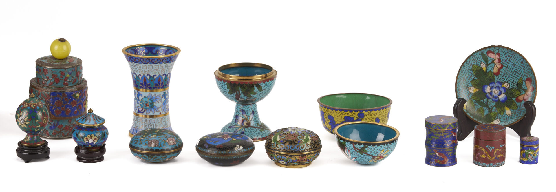 Lot 13: Miniature Chinese Cloisonne Items w/ Lacquer Cabinet
