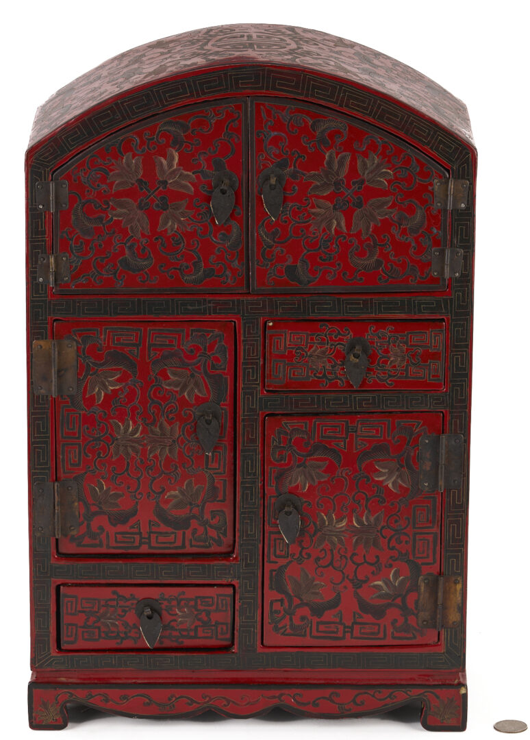 Lot 13: Miniature Chinese Cloisonne Items w/ Lacquer Cabinet