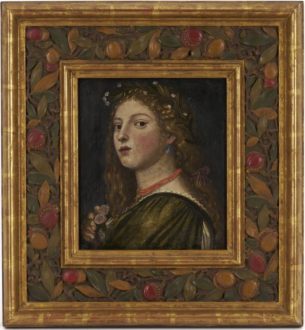 Lot 141: Renaissance Style O/C Painting of a Woman w/ Laurel Wreath & Gold Cross