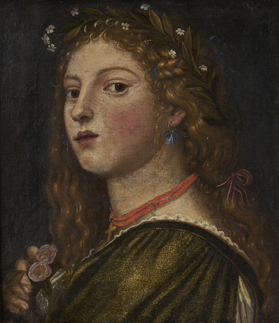 Lot 141: Renaissance Style O/C Painting of a Woman w/ Laurel Wreath & Gold Cross