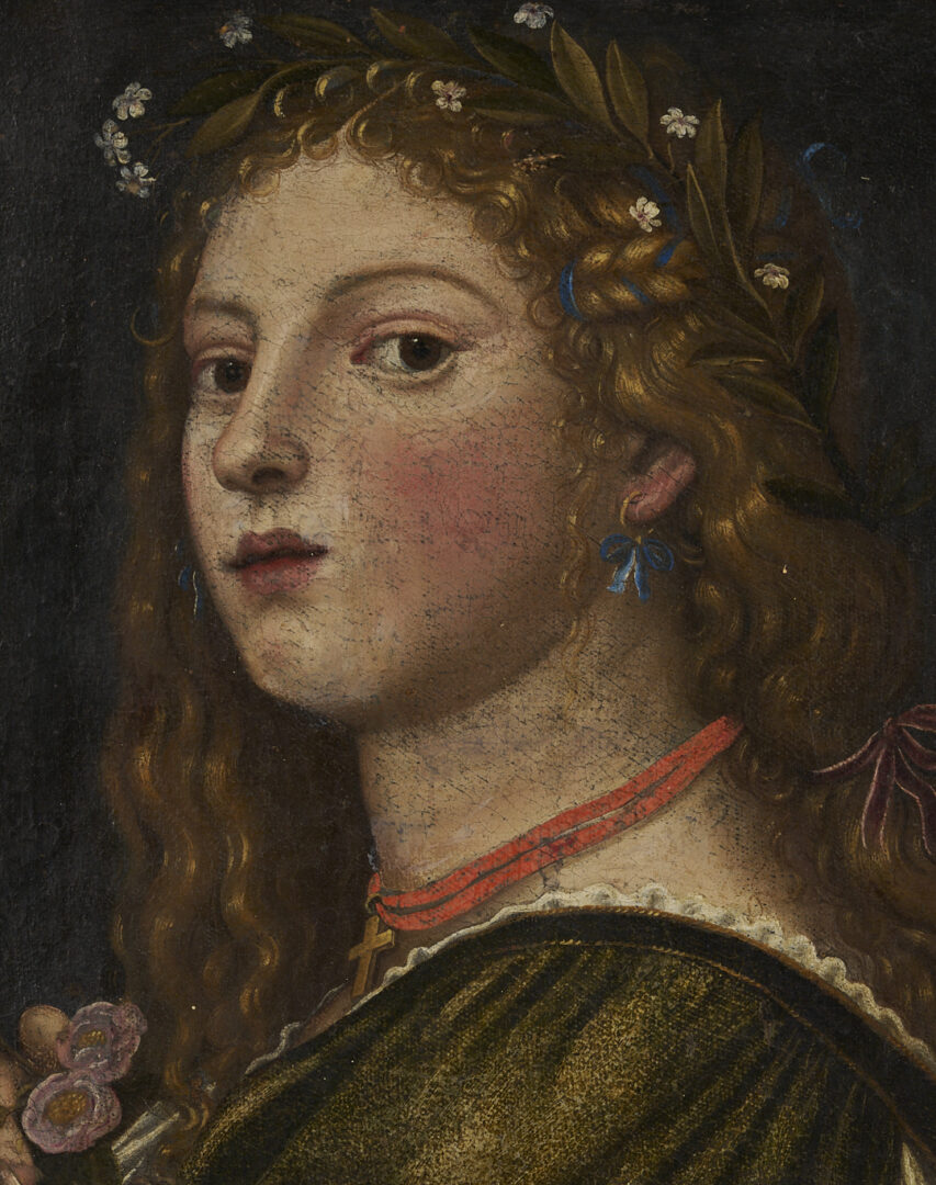Lot 141: Renaissance Style O/C Painting of a Woman w/ Laurel Wreath & Gold Cross