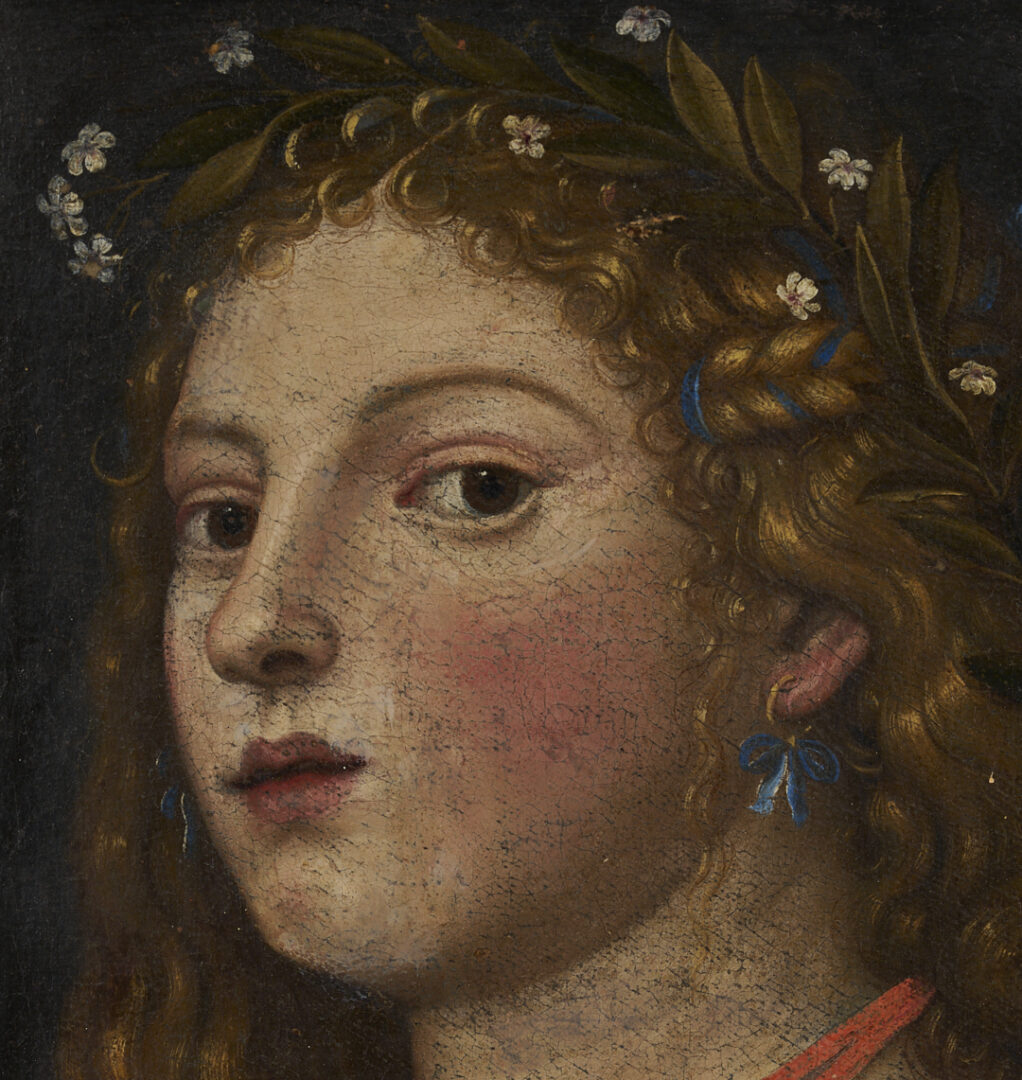 Lot 141: Renaissance Style O/C Painting of a Woman w/ Laurel Wreath & Gold Cross