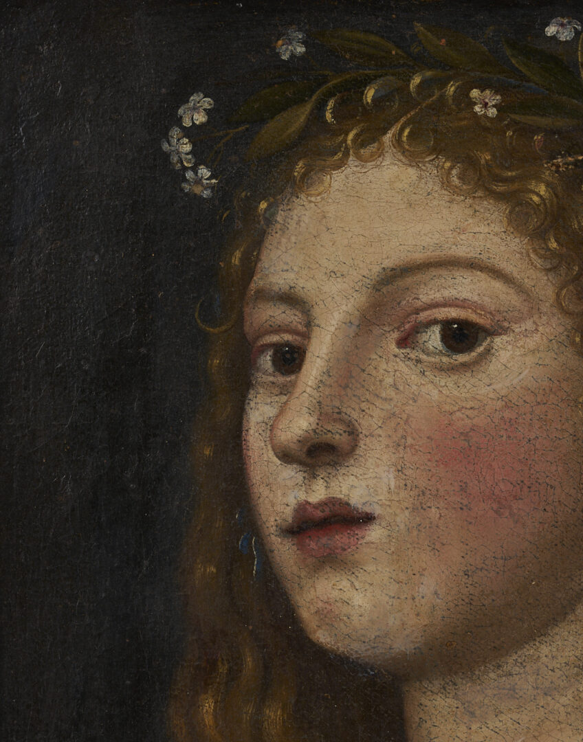 Lot 141: Renaissance Style O/C Painting of a Woman w/ Laurel Wreath & Gold Cross