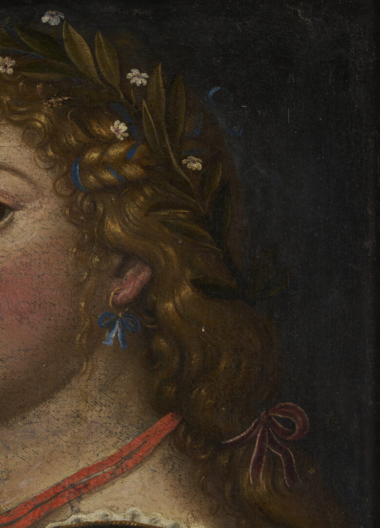 Lot 141: Renaissance Style O/C Painting of a Woman w/ Laurel Wreath & Gold Cross