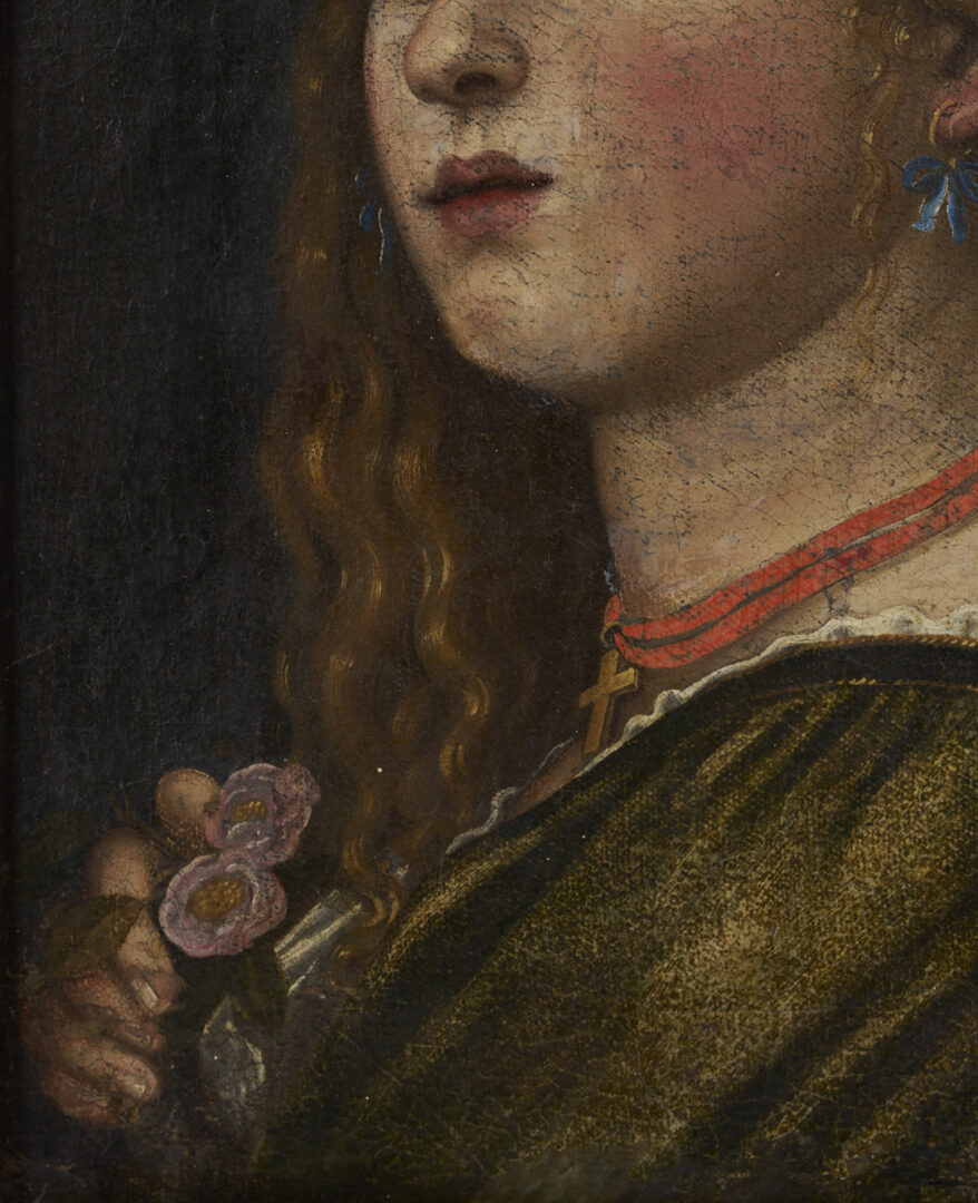 Lot 141: Renaissance Style O/C Painting of a Woman w/ Laurel Wreath & Gold Cross