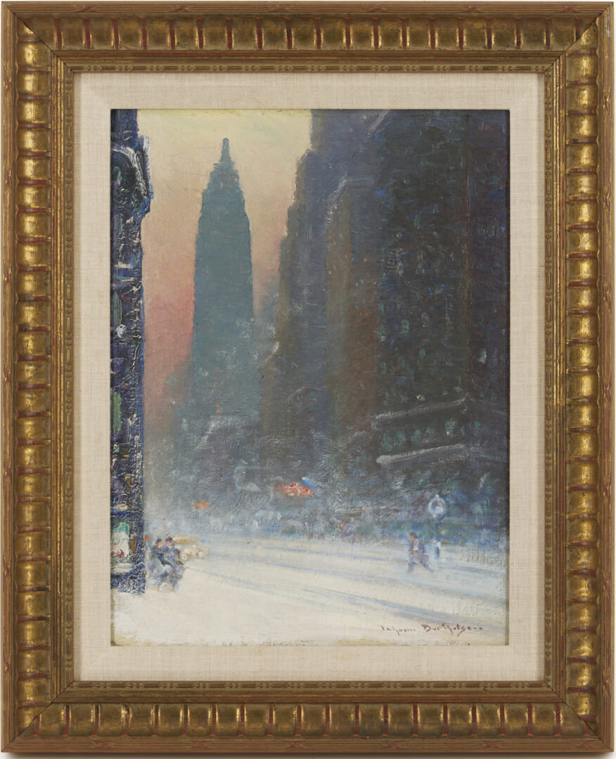 Lot 151: Johann Berthelsen O/C Snowy Manhattan Street Scene w/ Empire State Building