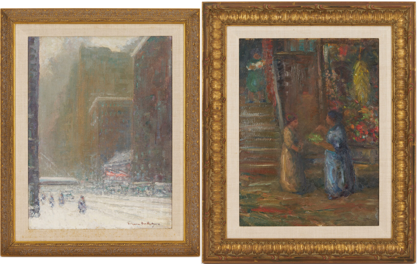 Lot 152: 2 Johann Berthelsen O/C Paintings, Snowy New York City Street & Flower Seller