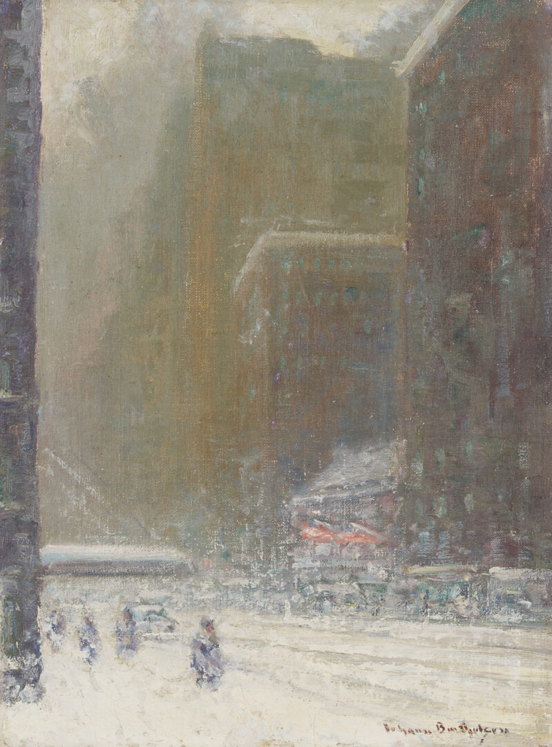 Lot 152: 2 Johann Berthelsen O/C Paintings, Snowy New York City Street & Flower Seller