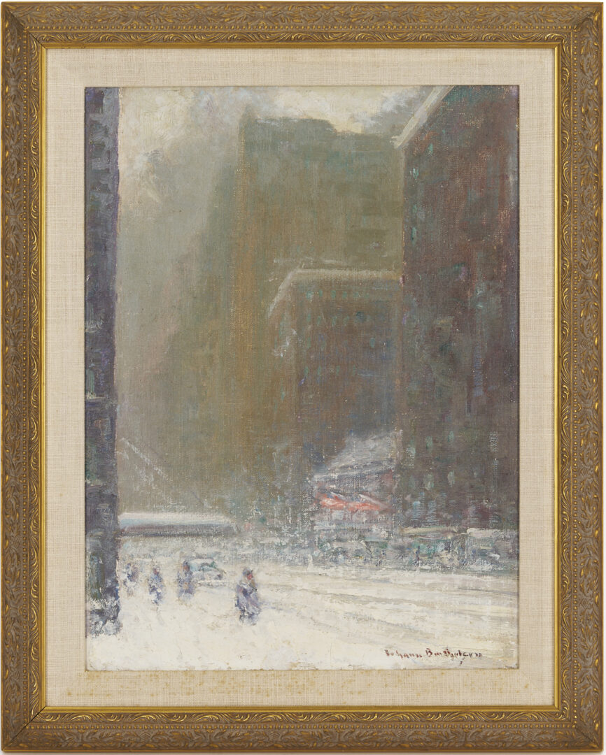 Lot 152: 2 Johann Berthelsen O/C Paintings, Snowy New York City Street & Flower Seller