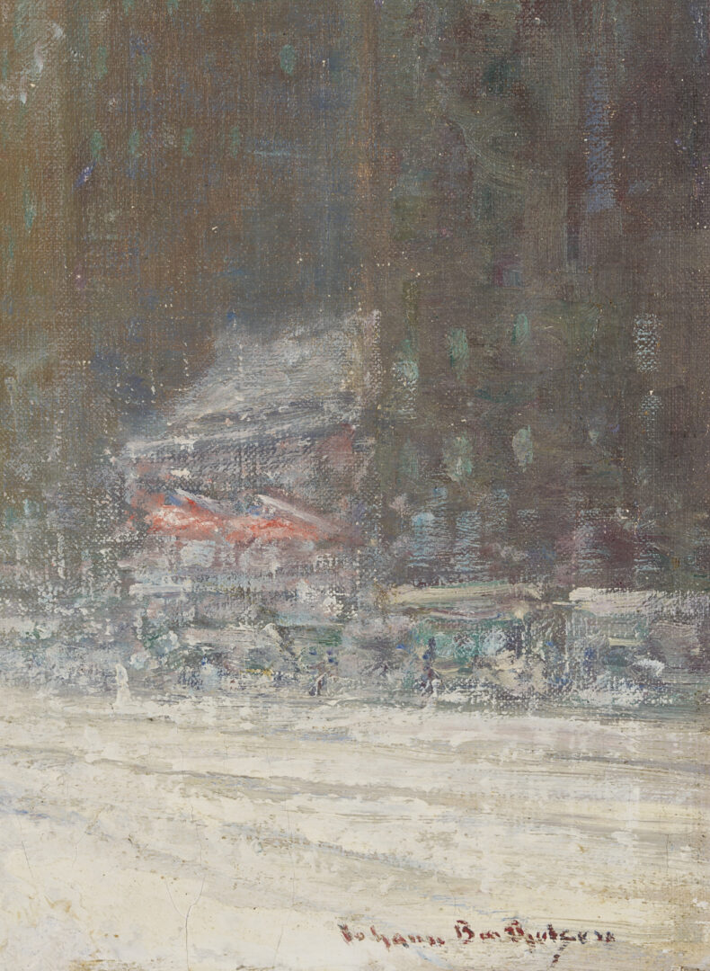 Lot 152: 2 Johann Berthelsen O/C Paintings, Snowy New York City Street & Flower Seller