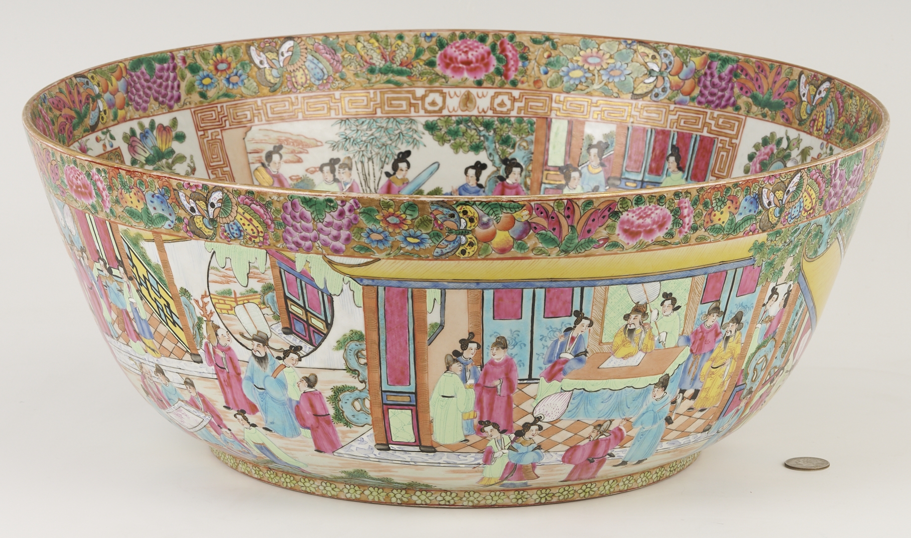 Lot 15: Large 19th C. Chinese Rose Mandarin Punch Bowl, 18″ Dia.