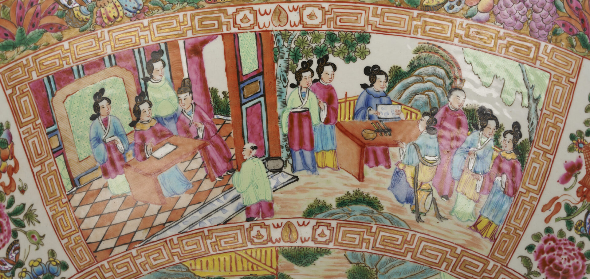 Lot 15: Large 19th C. Chinese Rose Mandarin Punch Bowl, 18″ Dia.