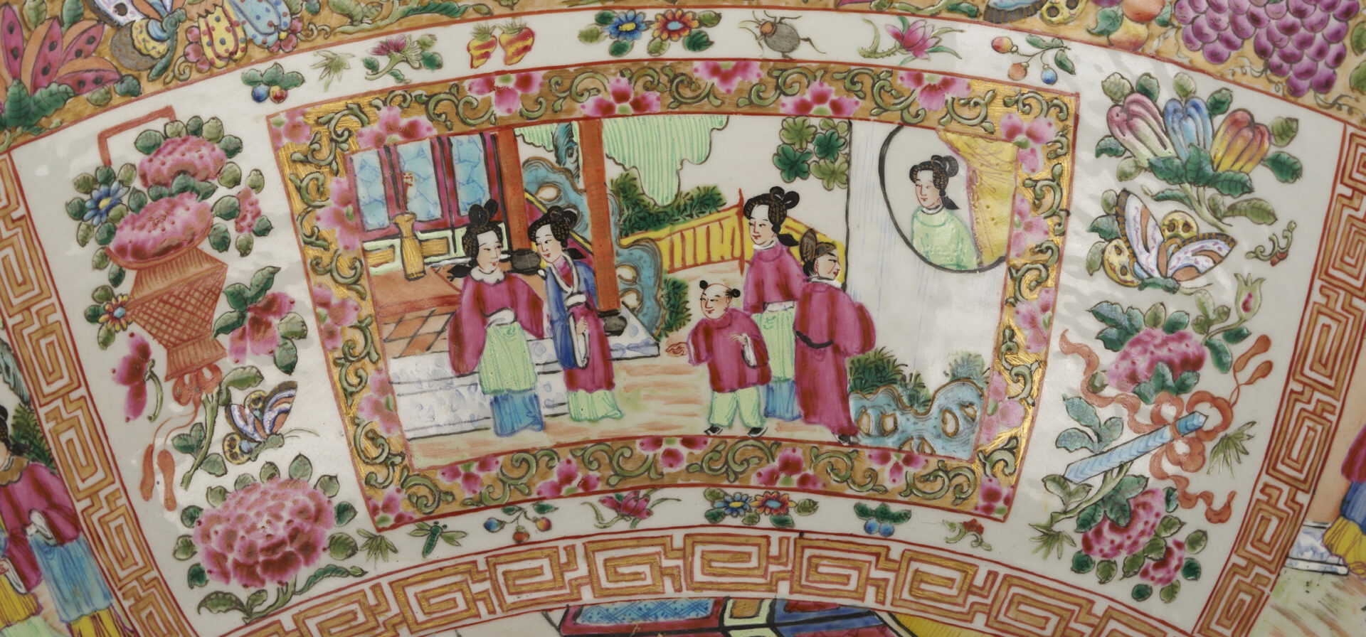 Lot 15: Large 19th C. Chinese Rose Mandarin Punch Bowl, 18″ Dia.