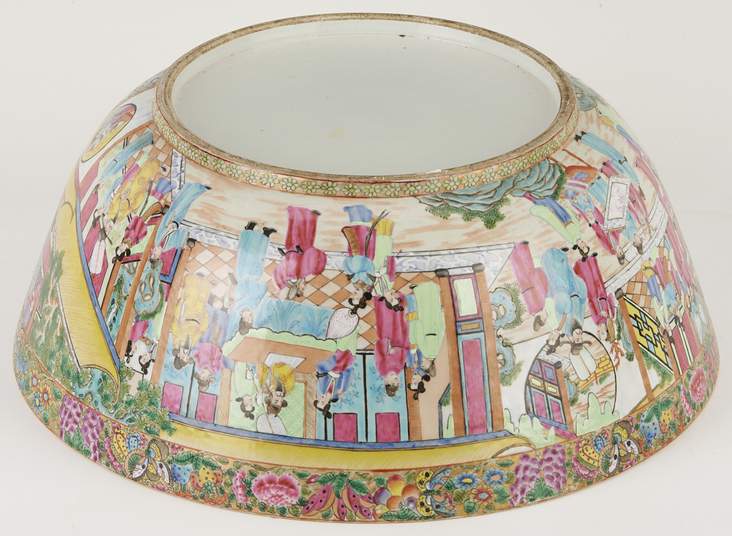 Lot 15: Large 19th C. Chinese Rose Mandarin Punch Bowl, 18″ Dia.