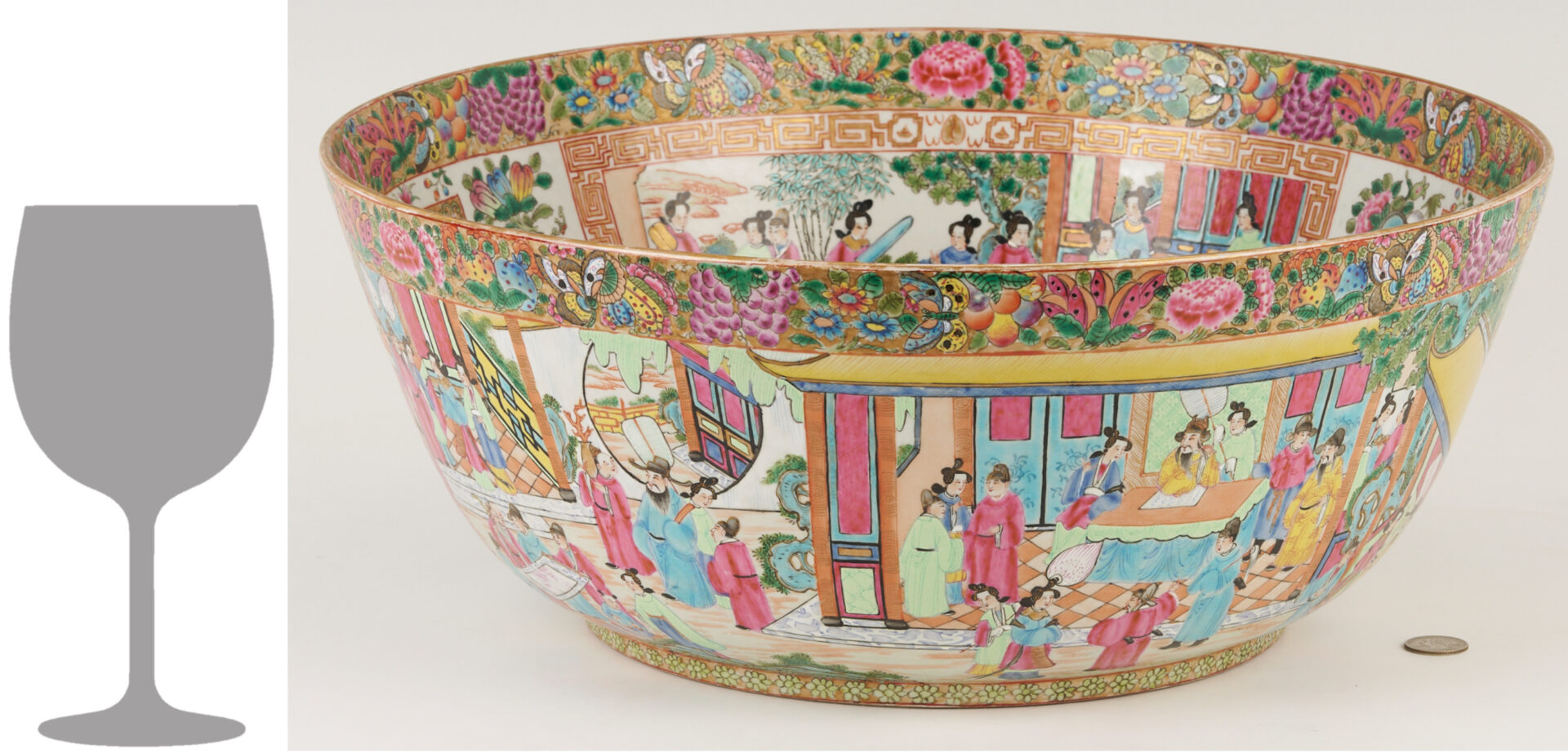 Lot 15: Large 19th C. Chinese Rose Mandarin Punch Bowl, 18″ Dia.