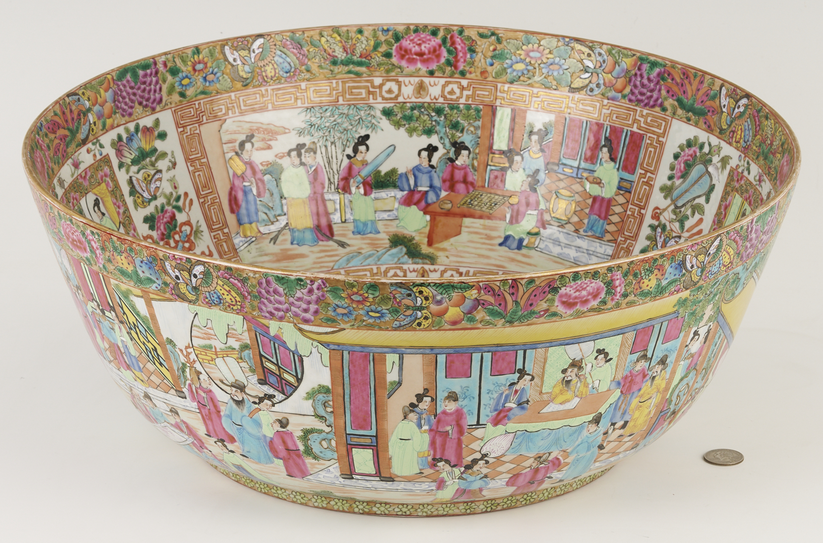 Lot 15: Large 19th C. Chinese Rose Mandarin Punch Bowl, 18″ Dia.