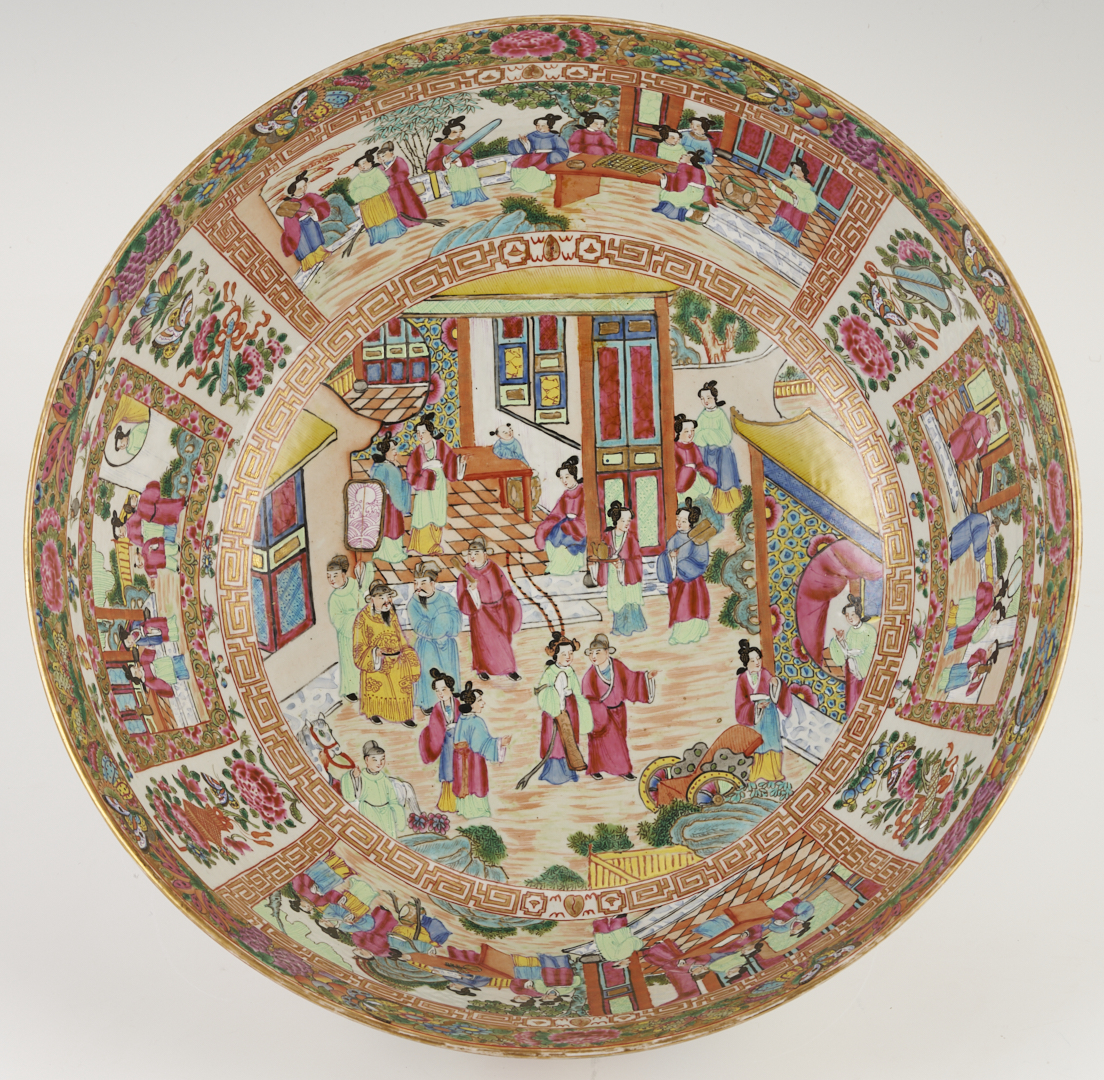 Lot 15: Large 19th C. Chinese Rose Mandarin Punch Bowl, 18″ Dia.