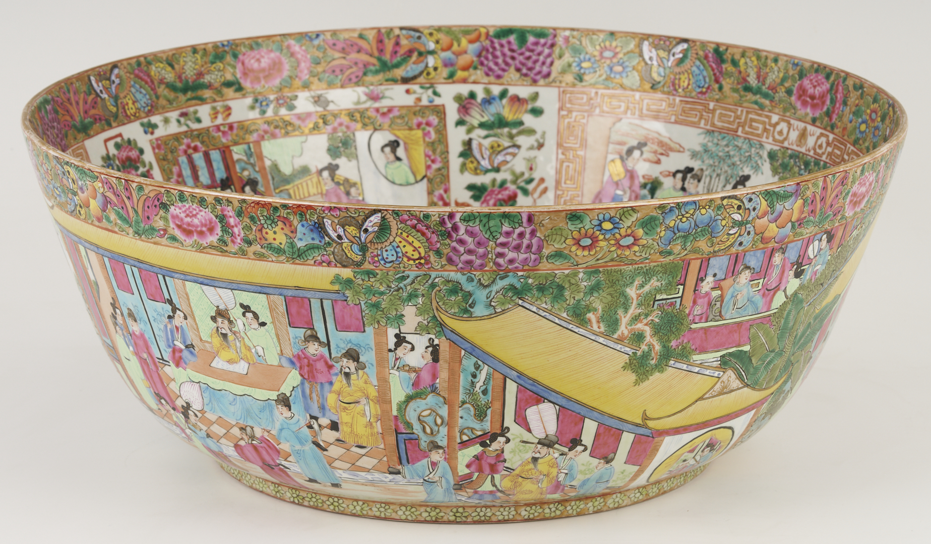 Lot 15: Large 19th C. Chinese Rose Mandarin Punch Bowl, 18″ Dia.