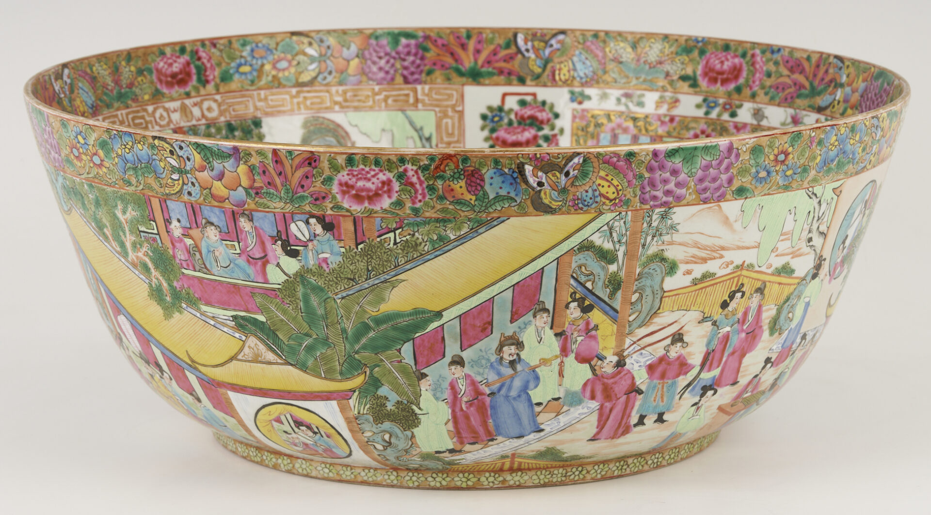 Lot 15: Large 19th C. Chinese Rose Mandarin Punch Bowl, 18″ Dia.