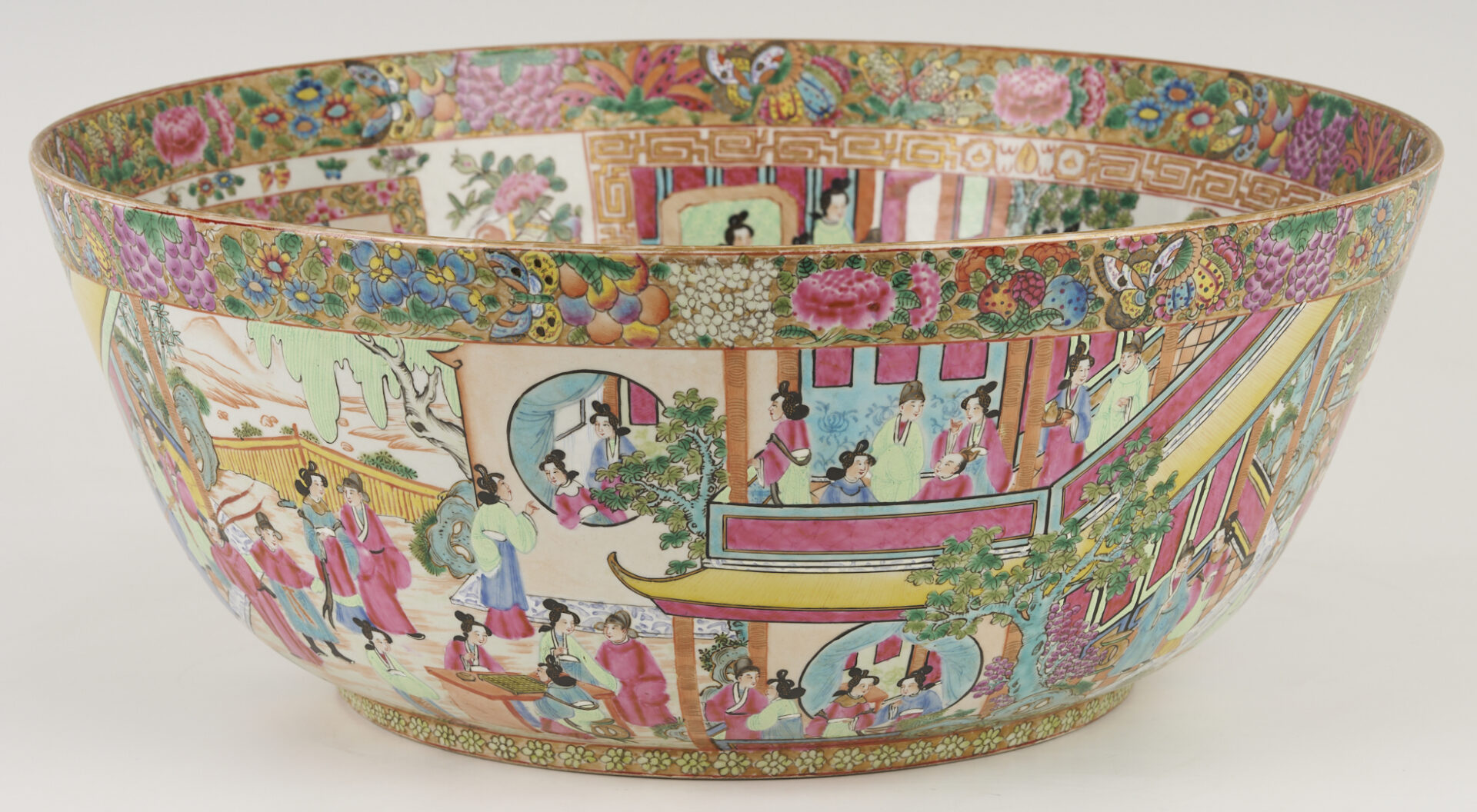 Lot 15: Large 19th C. Chinese Rose Mandarin Punch Bowl, 18″ Dia.