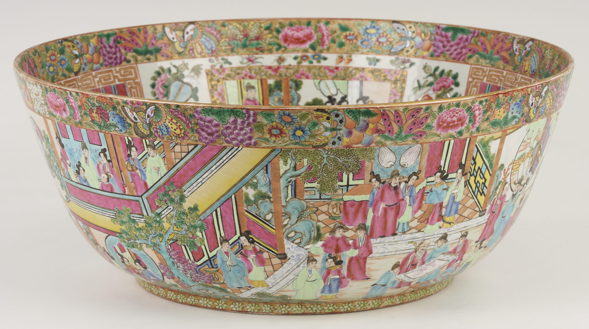 Lot 15: Large 19th C. Chinese Rose Mandarin Punch Bowl, 18″ Dia.