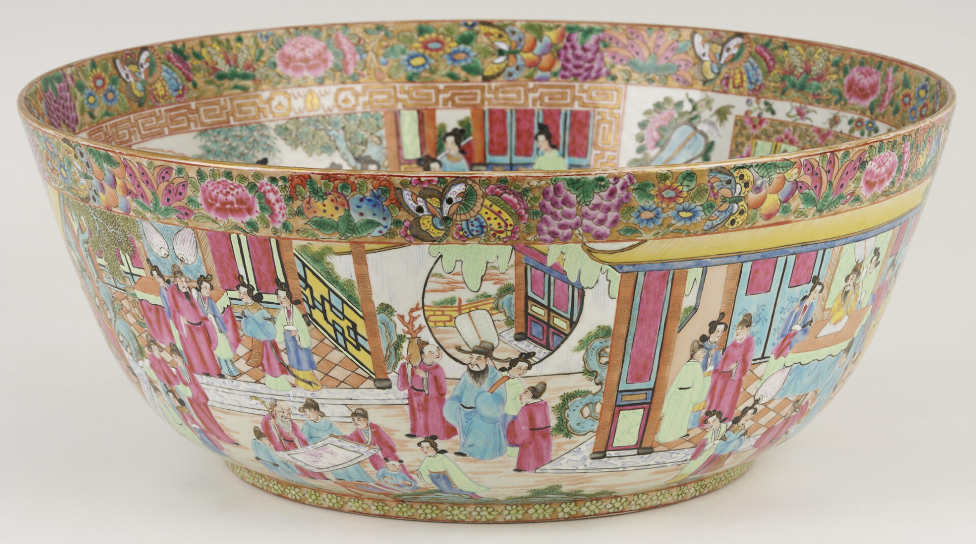 Lot 15: Large 19th C. Chinese Rose Mandarin Punch Bowl, 18″ Dia.