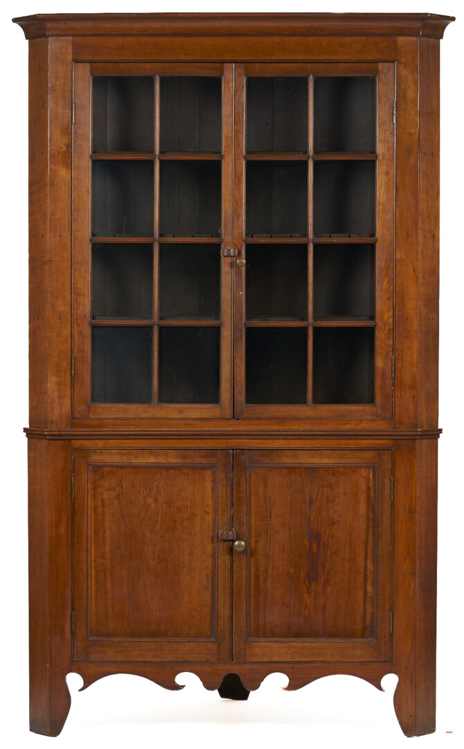 Lot 208: East Tennessee 2-Piece 16-Pane Corner Cupboard, c. 1820