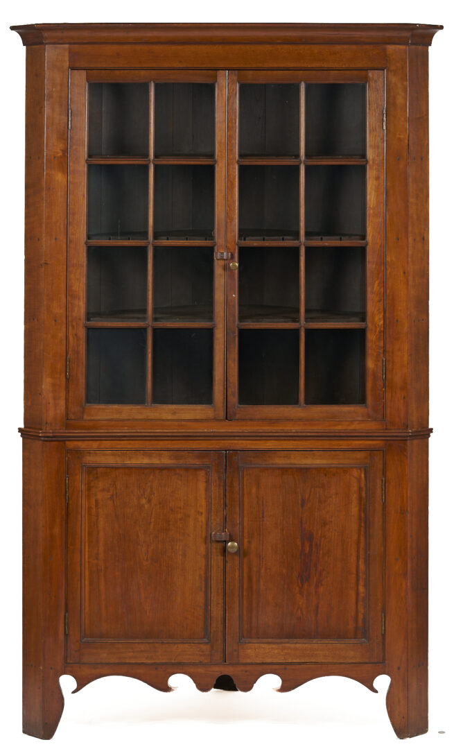Lot 208: East Tennessee 2-Piece 16-Pane Corner Cupboard, c. 1820
