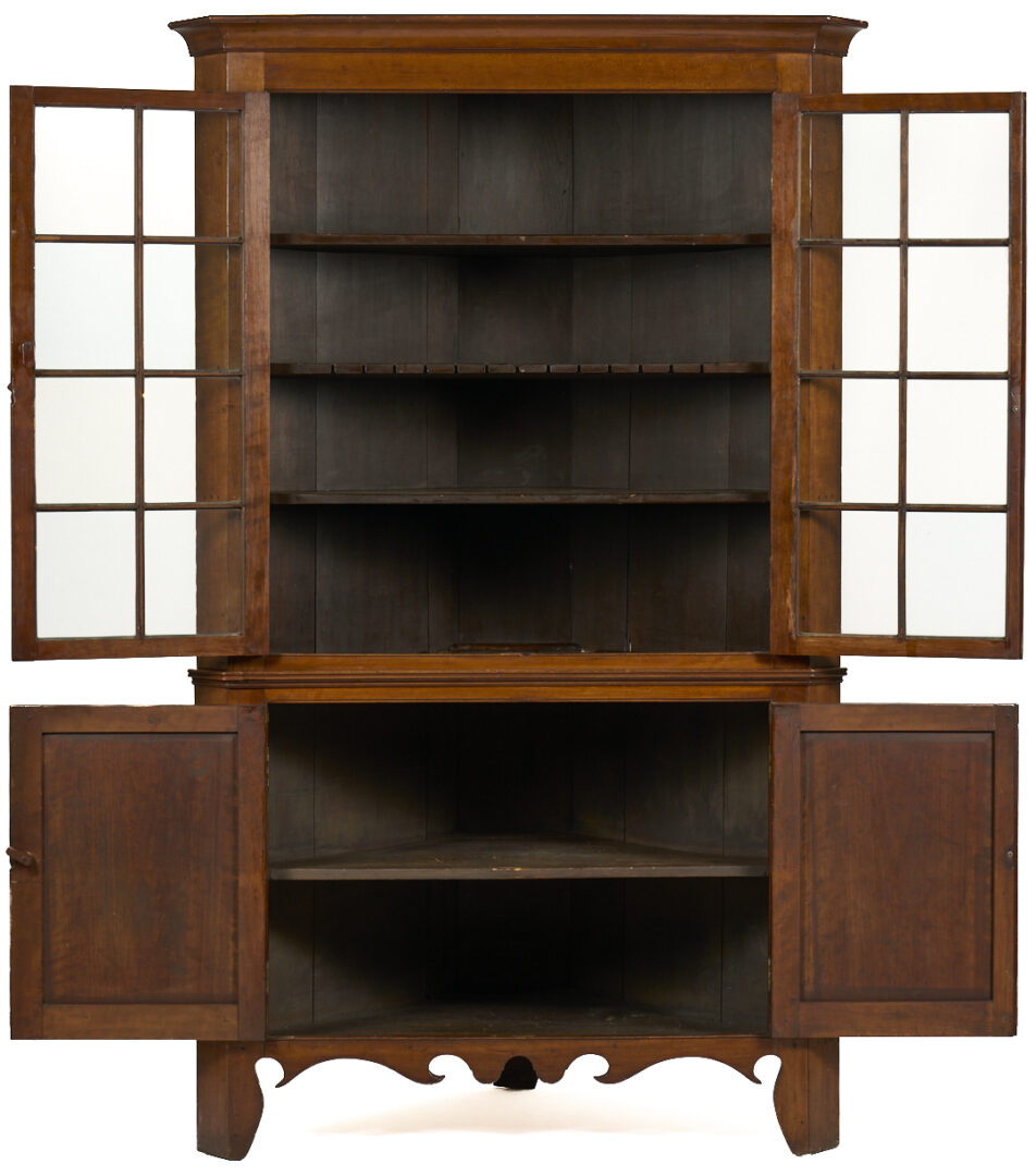 Lot 208: East Tennessee 2-Piece 16-Pane Corner Cupboard, c. 1820