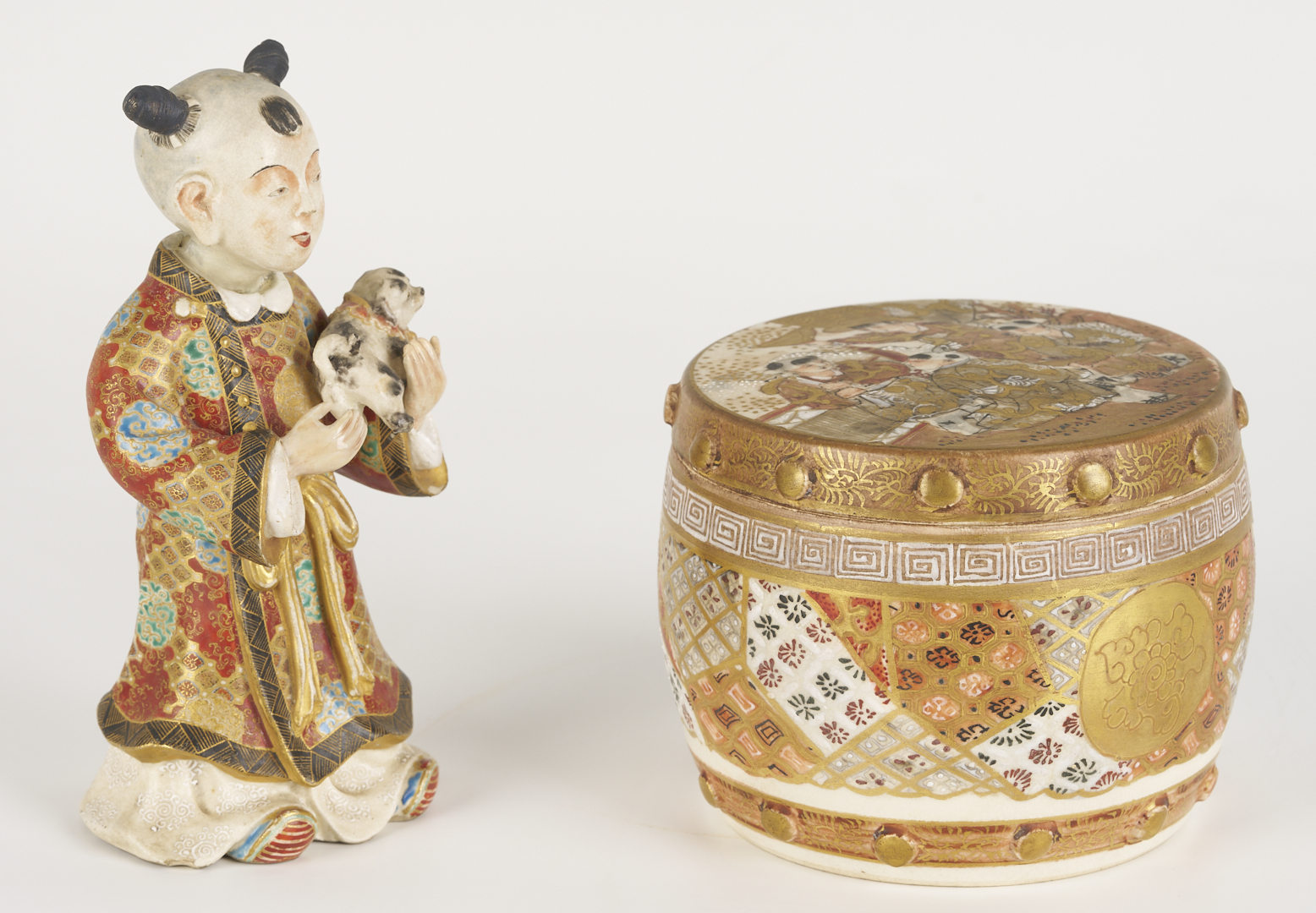 Lot 21: Japanese Satsuma Porcelain Koro, Child Figure and Drum Box