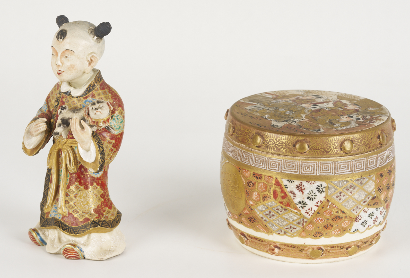 Lot 21: Japanese Satsuma Porcelain Koro, Child Figure and Drum Box