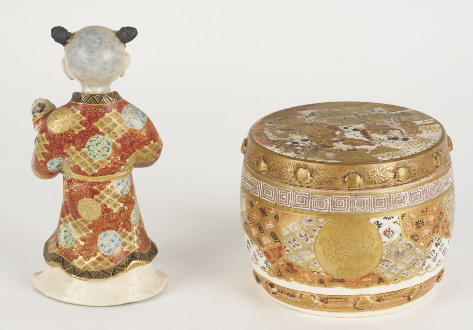 Lot 21: Japanese Satsuma Porcelain Koro, Child Figure and Drum Box