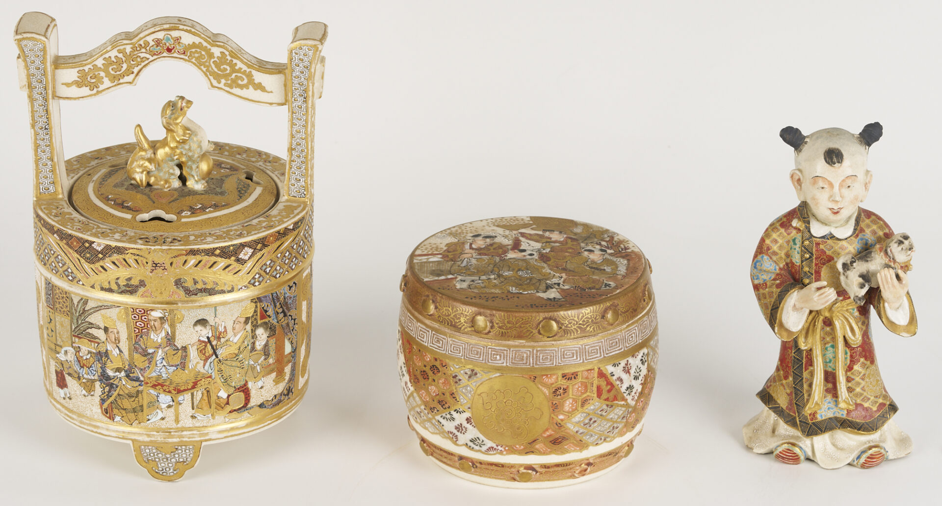 Lot 21: Japanese Satsuma Porcelain Koro, Child Figure and Drum Box