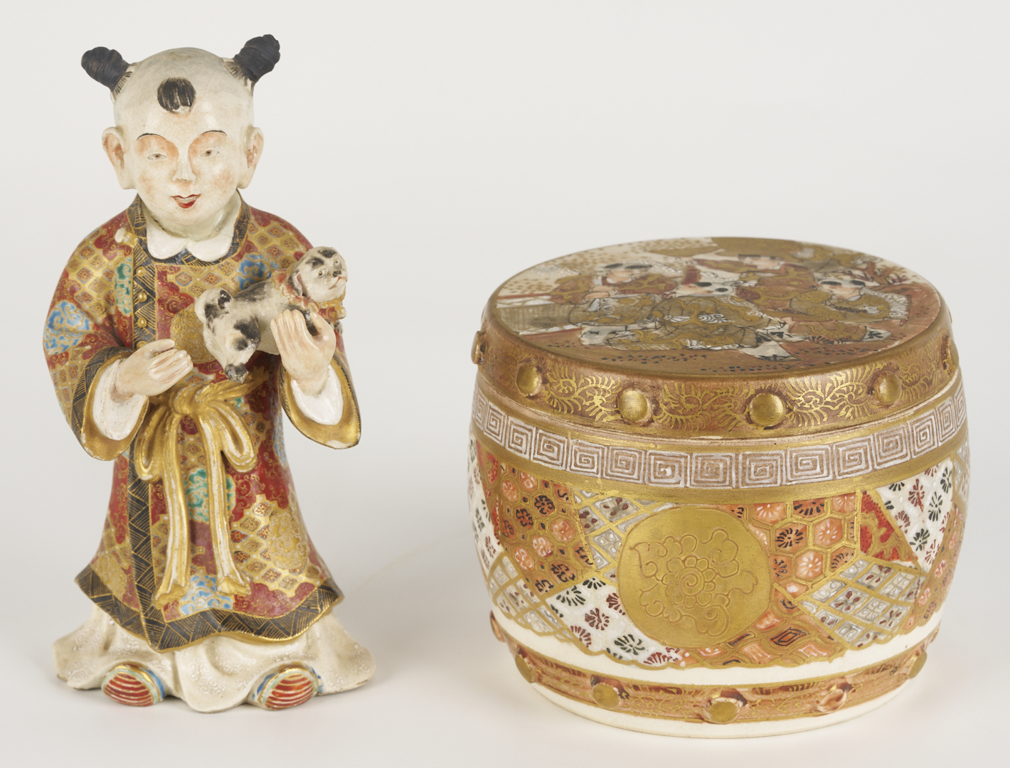 Lot 21: Japanese Satsuma Porcelain Koro, Child Figure and Drum Box