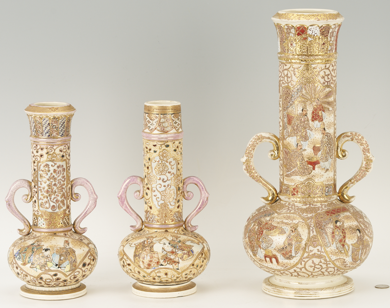 Lot 22: 3 Satsuma Double Handled Vases
