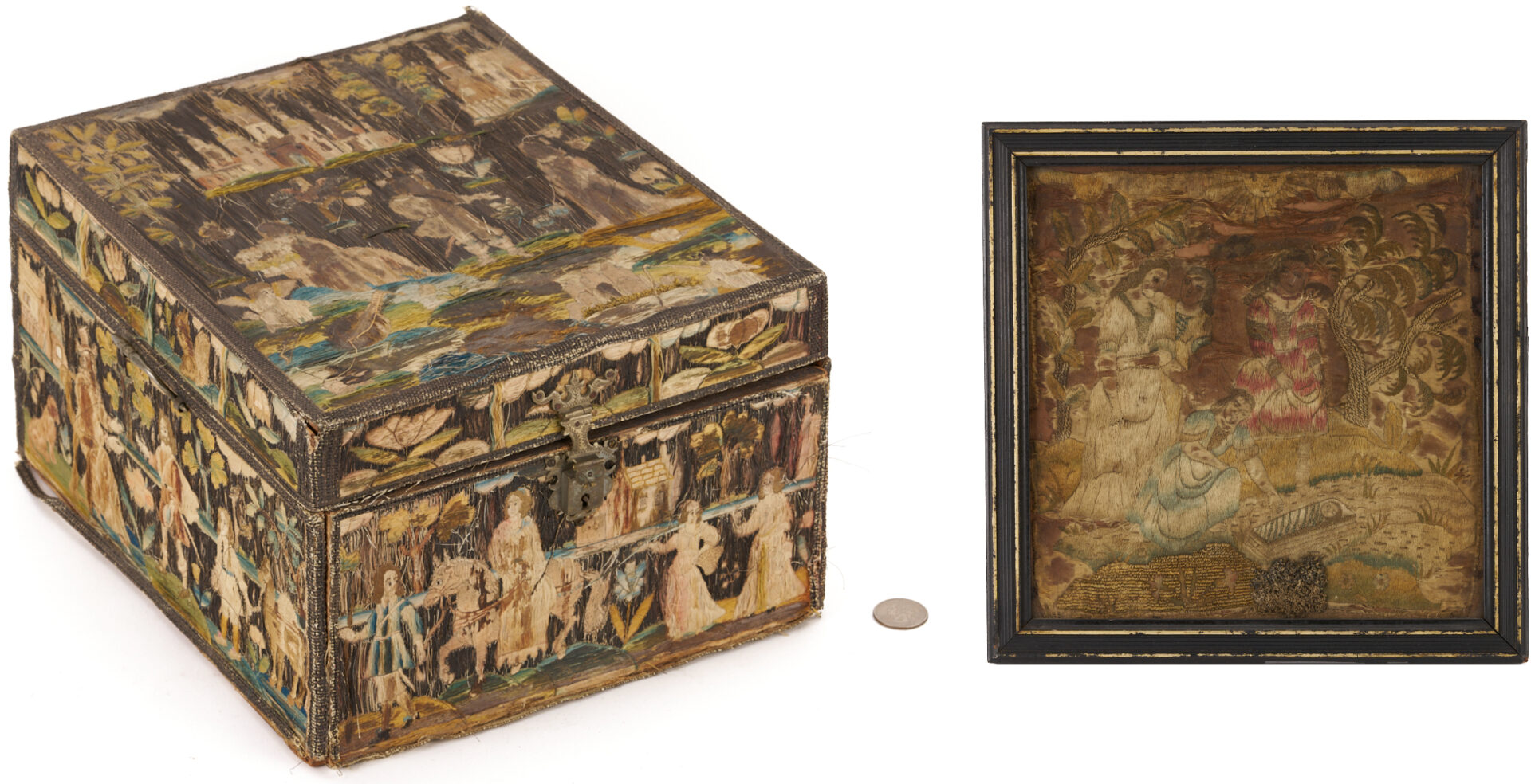 Lot 248: 18th C. Silk Embroidered Ladies’ Case and Framed Embroidery