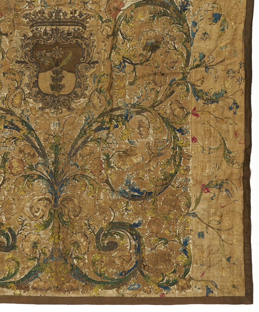 Lot 249: 18th c. Continental Heraldic Tapestry Bedspread