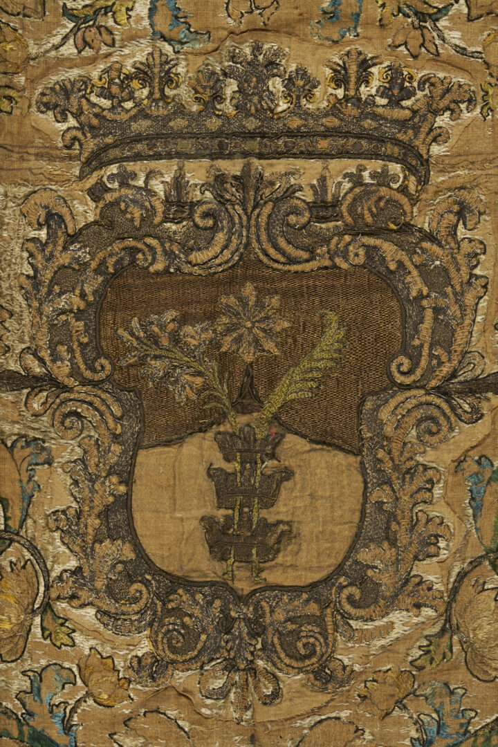 Lot 249: 18th c. Continental Heraldic Tapestry Bedspread