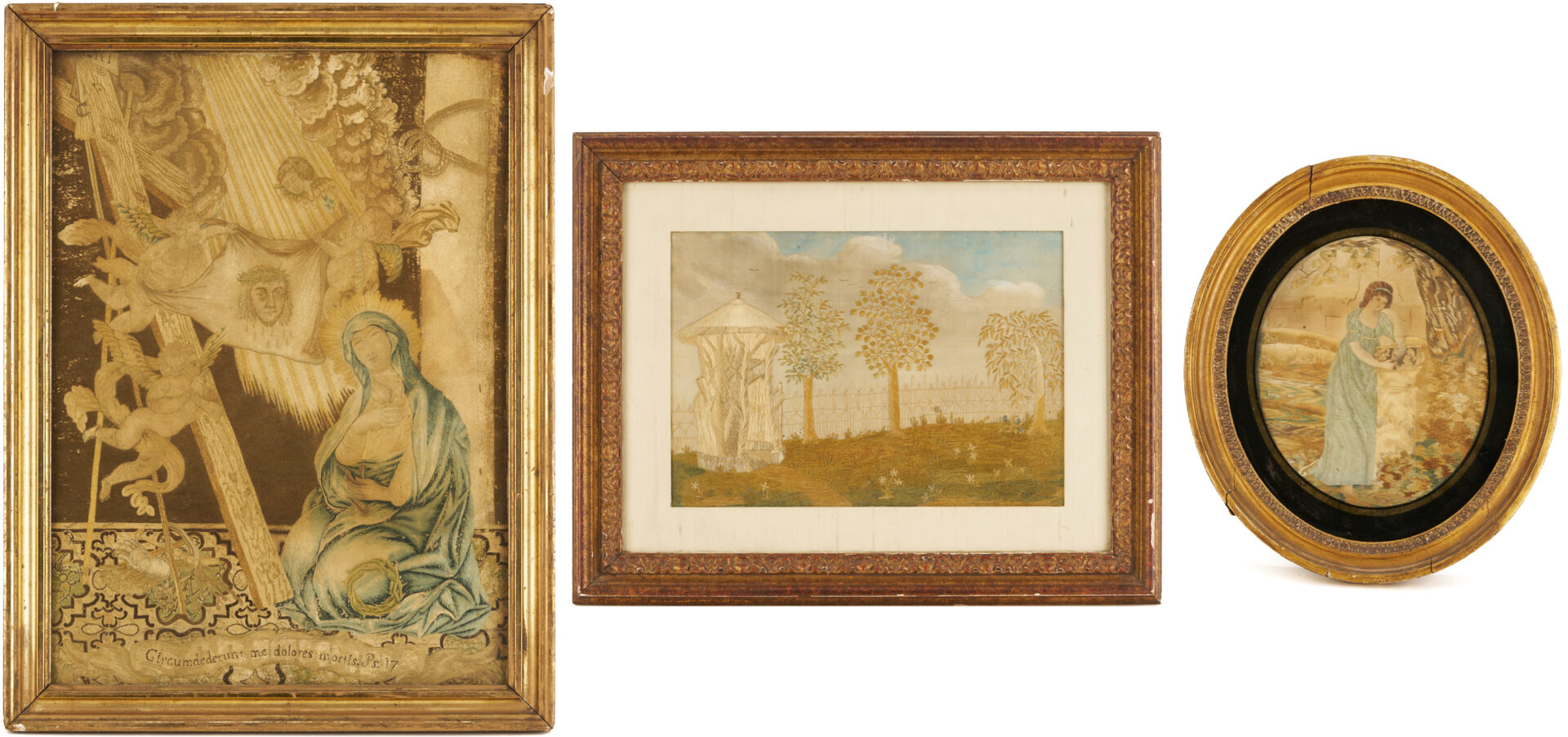 Lot 251: 3 Silk Embroidered Pictures incl. Mourning, Religious Themes