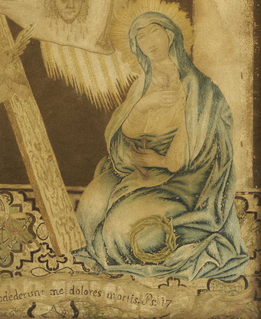 Lot 251: 3 Silk Embroidered Pictures incl. Mourning, Religious Themes