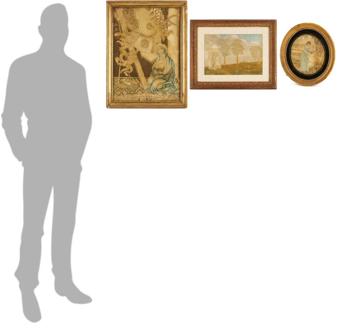 Lot 251: 3 Silk Embroidered Pictures incl. Mourning, Religious Themes