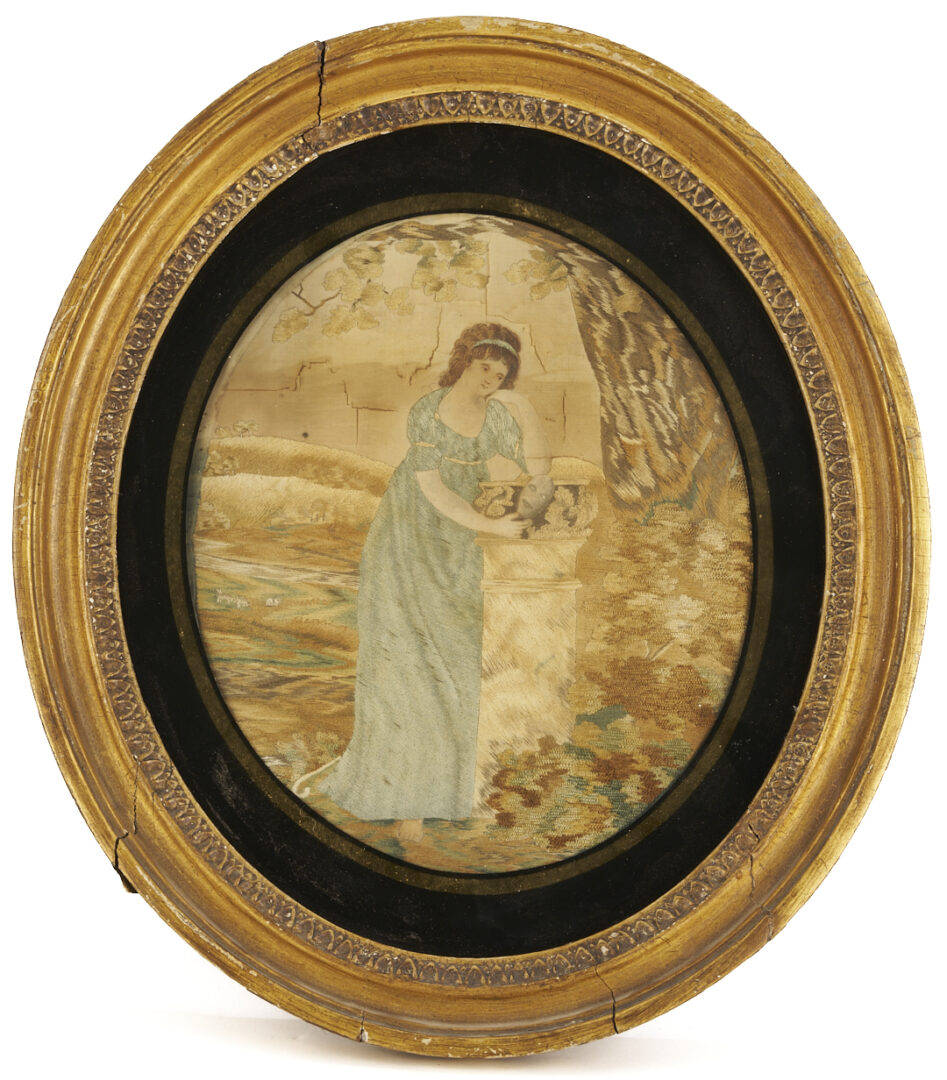 Lot 251: 3 Silk Embroidered Pictures incl. Mourning, Religious Themes